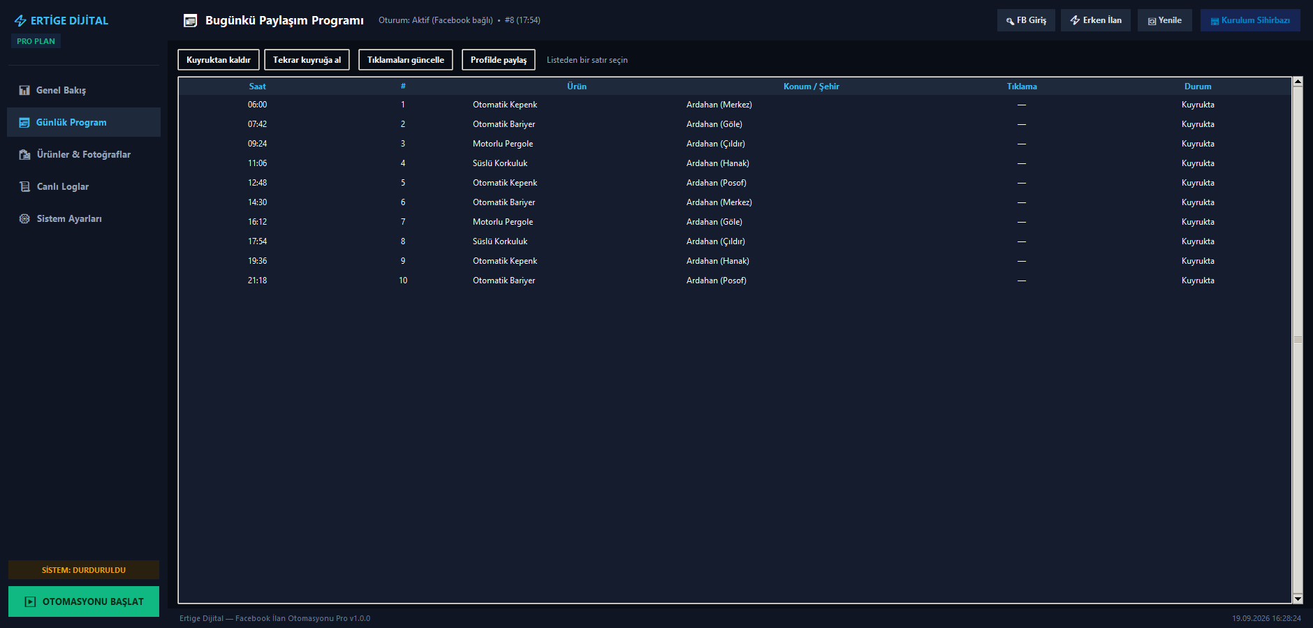 Günlük paylaşım programı tablosu: saat, ürün, il ve ilçe.